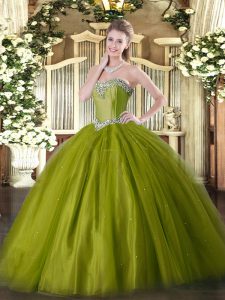 Discount Olive Green Tulle Lace Up Sweetheart Sleeveless Floor Length Quinceanera Dresses Beading