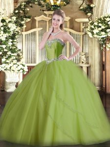Custom Made Olive Green Sleeveless Tulle Brush Train Lace Up Quince Ball Gowns for Military Ball and Sweet 16 and Quinceanera