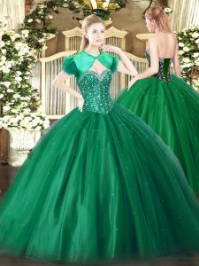 On Sale Sleeveless Tulle Floor Length Lace Up 15 Quinceanera Dress in Dark Green with Beading