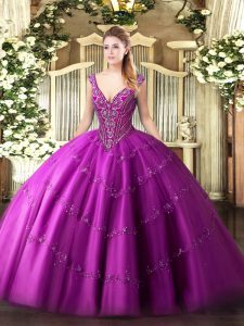 Customized Floor Length Fuchsia Quinceanera Gown V-neck Sleeveless Lace Up