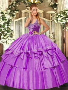 Best Straps Sleeveless Quinceanera Gown Floor Length Beading and Ruffled Layers Lilac Organza and Taffeta