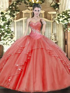 Coral Red Lace Up Quince Ball Gowns Beading and Ruffled Layers Sleeveless Floor Length