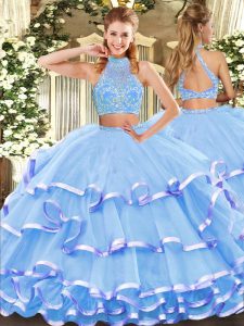 Dynamic Aqua Blue Two Pieces Beading and Ruffled Layers 15 Quinceanera Dress Criss Cross Tulle Sleeveless Floor Length