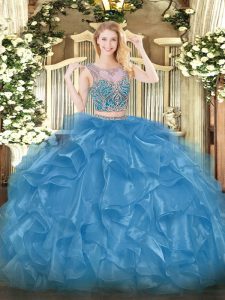 Sweet Baby Blue Lace Up Scoop Beading and Ruffles Vestidos de Quinceanera Organza Sleeveless