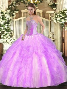 Lilac Sleeveless Floor Length Beading and Ruffles Lace Up Quinceanera Gowns