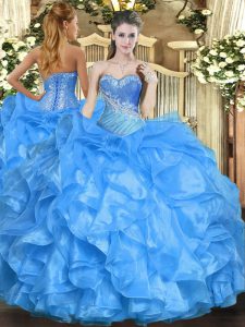 Cute Baby Blue Sleeveless Beading and Ruffles Floor Length Quince Ball Gowns