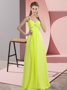 Noble Sleeveless Chiffon Floor Length Lace Up in Yellow Green with Beading