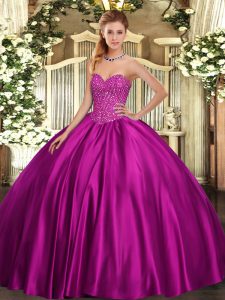 Trendy Beading Sweet 16 Dress Fuchsia Lace Up Sleeveless Floor Length