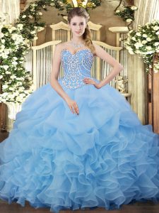 Aqua Blue Ball Gowns Sweetheart Sleeveless Organza Floor Length Lace Up Beading and Ruffles and Pick Ups Quince Ball Gowns