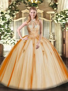 Chic Orange Red Tulle Lace Up Halter Top Sleeveless Floor Length Sweet 16 Dresses Lace and Appliques