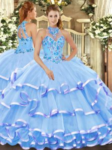 Romantic Halter Top Sleeveless Organza Sweet 16 Quinceanera Dress Beading and Embroidery Lace Up