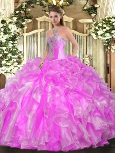 Sweet Lilac Sleeveless Organza Lace Up Quinceanera Gowns for Military Ball and Sweet 16 and Quinceanera