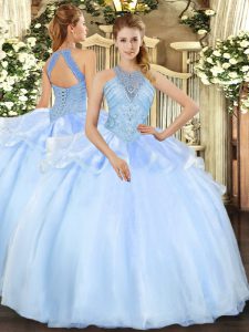 Fine Floor Length Light Blue Ball Gown Prom Dress Organza Sleeveless Beading