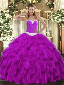 Latest Purple Ball Gowns Sweetheart Sleeveless Organza Floor Length Lace Up Appliques and Ruffles Quinceanera Dress