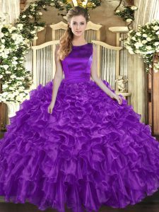 Floor Length Eggplant Purple Ball Gown Prom Dress Scoop Sleeveless Lace Up