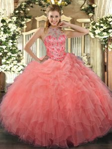Ball Gowns Quince Ball Gowns Watermelon Red Halter Top Organza Sleeveless Floor Length Lace Up