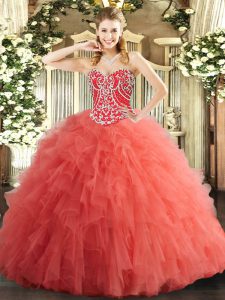 Custom Design Watermelon Red Lace Up Vestidos de Quinceanera Beading and Ruffles Sleeveless Floor Length