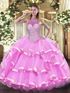 Admirable Sleeveless Floor Length Beading and Ruffled Layers Lace Up Quinceanera Gowns with Rose Pink