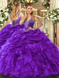Floor Length Lace Up Quince Ball Gowns Purple for Military Ball and Sweet 16 and Quinceanera with Beading and Ruffles and Pick Ups