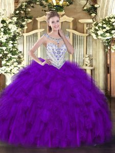 Glorious Scoop Sleeveless Quinceanera Dress Floor Length Beading and Ruffles Purple Tulle