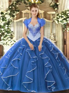 Custom Fit Blue Tulle Lace Up 15 Quinceanera Dress Cap Sleeves Floor Length Beading