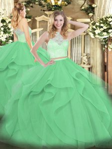 Apple Green Sweet 16 Dress Military Ball and Sweet 16 and Quinceanera with Lace and Ruffles Scoop Sleeveless Zipper