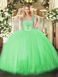 Exquisite V-neck Sleeveless Lace Up Sweet 16 Dresses Apple Green Tulle