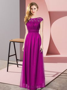 Enchanting Scoop Sleeveless Prom Evening Gown Floor Length Lace Fuchsia Tulle