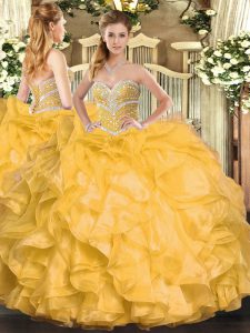 Dynamic Gold Ball Gowns Sweetheart Sleeveless Organza Floor Length Lace Up Beading and Ruffles Ball Gown Prom Dress