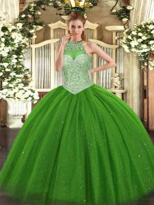 Inexpensive Tulle Halter Top Sleeveless Lace Up Beading 15 Quinceanera Dress in Green