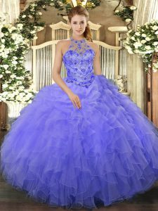 Fashion Blue Organza Lace Up Halter Top Sleeveless Floor Length 15th Birthday Dress Beading and Ruffles