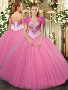 Inexpensive Rose Pink Sleeveless Beading Floor Length Quinceanera Gown