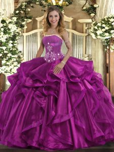 Charming Floor Length Fuchsia Quinceanera Gown Strapless Sleeveless Lace Up