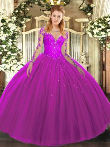 Fuchsia Long Sleeves Floor Length Lace Lace Up Sweet 16 Quinceanera Dress