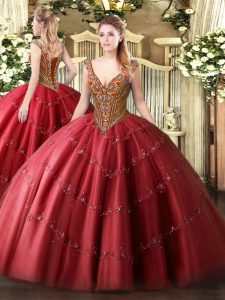Floor Length Ball Gowns Sleeveless Red Quinceanera Dress Lace Up