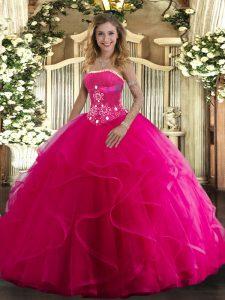Glittering Hot Pink Strapless Lace Up Beading and Ruffles Quinceanera Gown Sleeveless