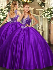 Straps Sleeveless 15th Birthday Dress Floor Length Beading Purple Satin
