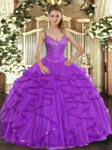 Trendy Eggplant Purple Ball Gowns Tulle V-neck Sleeveless Beading and Ruffles Floor Length Lace Up Quinceanera Dress