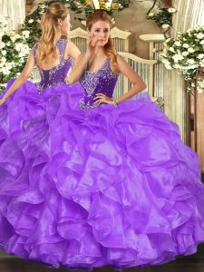 Customized Beading and Ruffles Quinceanera Dresses Lavender Lace Up Sleeveless Floor Length