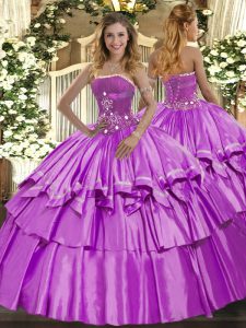 Free and Easy Lilac Strapless Neckline Beading and Ruffled Layers Quinceanera Gown Sleeveless Lace Up