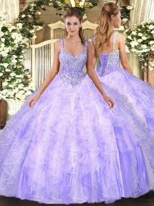 Lavender Ball Gowns Straps Sleeveless Tulle Floor Length Lace Up Beading and Ruffles Quinceanera Dress