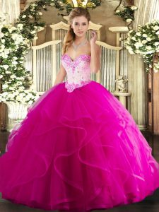 Nice Fuchsia Ball Gowns Tulle Sweetheart Sleeveless Beading and Ruffles Floor Length Lace Up Quinceanera Gown