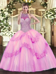 Rose Pink Tulle Lace Up Halter Top Sleeveless Floor Length Ball Gown Prom Dress Beading and Appliques