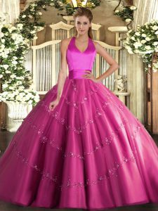 Customized Hot Pink Lace Up Halter Top Appliques Ball Gown Prom Dress Tulle Sleeveless