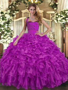 Suitable Sleeveless Organza Floor Length Lace Up Quinceanera Gowns in Fuchsia with Ruffles