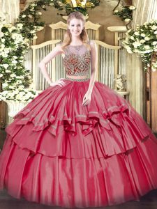 Coral Red Sleeveless Beading and Ruffled Layers Floor Length Quinceanera Gowns