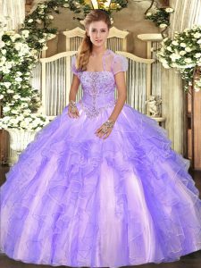 Customized Lavender Ball Gowns Strapless Sleeveless Tulle Floor Length Lace Up Appliques and Ruffles Sweet 16 Quinceanera Dress