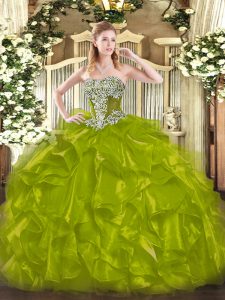 Edgy Olive Green Sleeveless Beading and Ruffles Floor Length Sweet 16 Dresses