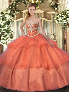 Orange Red Tulle Lace Up Sweetheart Sleeveless Floor Length Quinceanera Gown Beading and Ruffled Layers