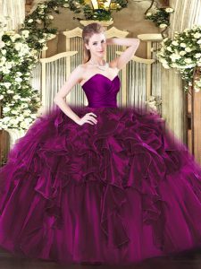 Traditional Fuchsia Ball Gowns Sweetheart Sleeveless Organza Floor Length Zipper Ruffles Quinceanera Gown